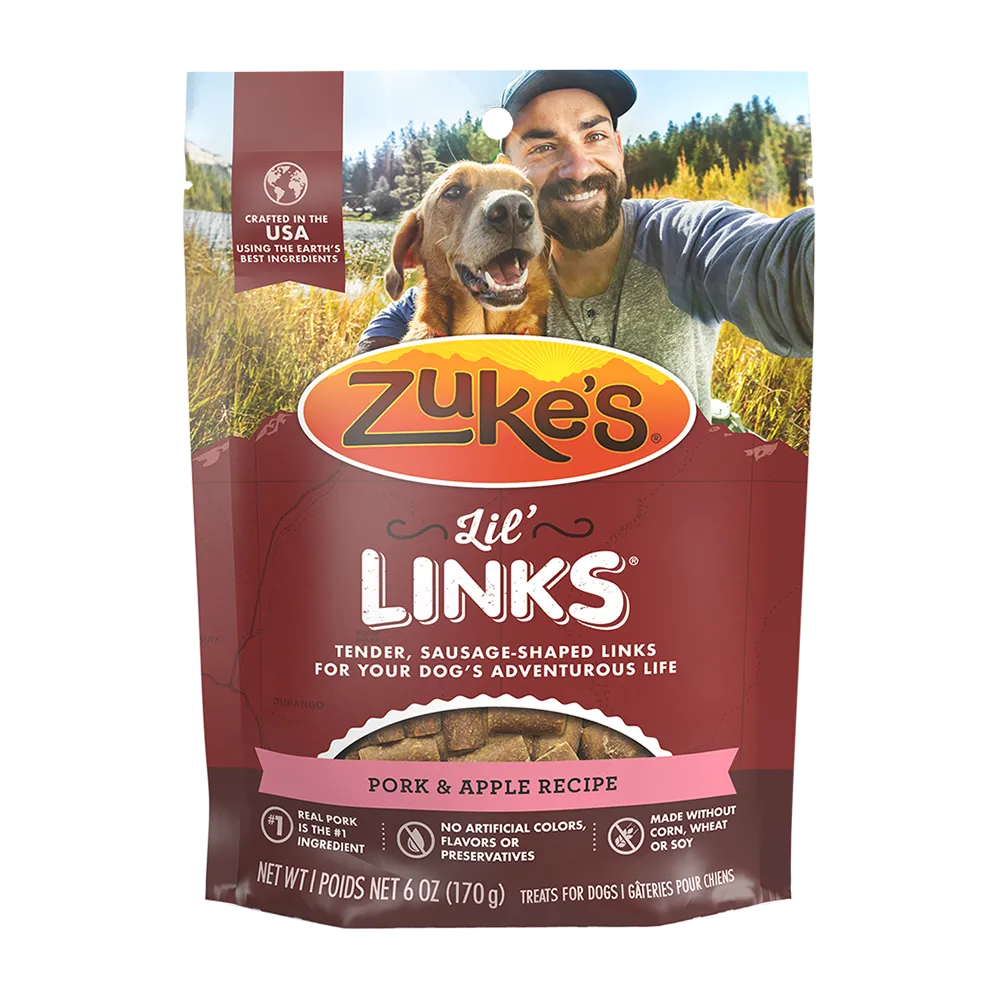 Front of a 6 ounce package of Zukes Lil Links dog treats, pork and apple recipe