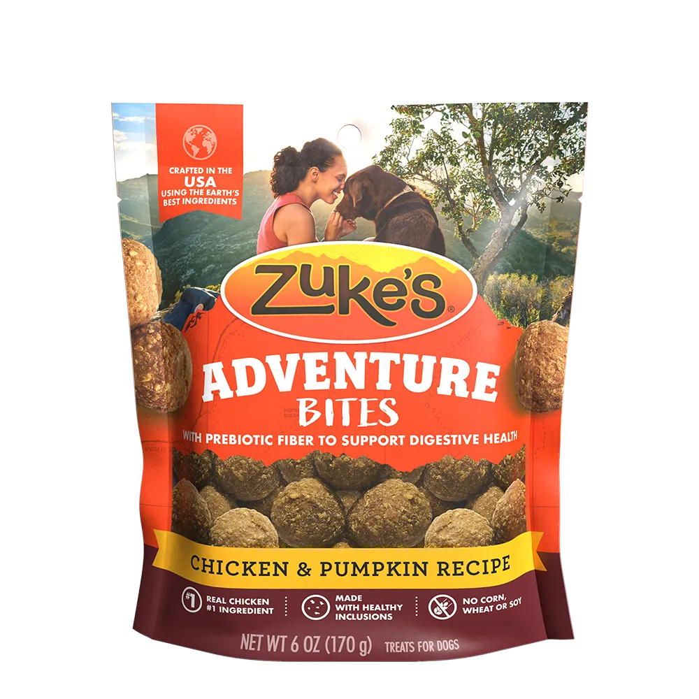 Zukes Adventure Bites Chicken and Pumpkin Dog Treats front of pack