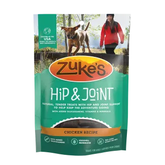 Front of a package of Zukes Hip and Joint natural dog treats, chicken recipe