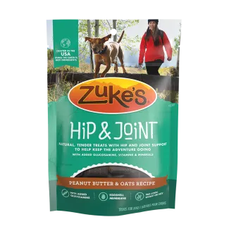 Front of a package of Zukes Hip and Joint natural dog treats, peanut butter and oats recipe