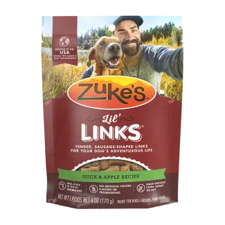 Front of a 6 ounce  package of Zukes Lil Links dog treats, duck and apple recipe