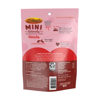 Zukes Mini Naturals Hearts Peanut Butter and Oats Recipe Dog Treat back packaging
