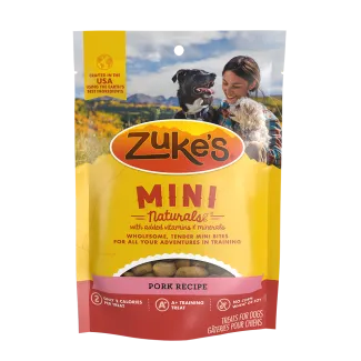 Front of a package of Zukes Mini Naturals dog training treats, pork recipe