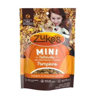 Front of a package of Zukes Mini Naturals pumpkin shaped dog training treats, turkey and pumpkin recipe