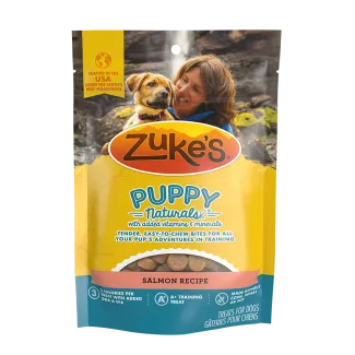 Front of a package of Zukes Puppy Naturals puppy training treats, salmon recipe