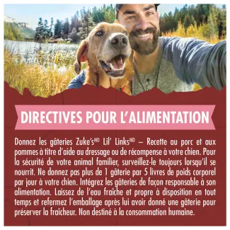 Gâteries pour le dressage pour chiens Zuke's Lil' Links Recette de porc et pommes - directives pour l'alimentation