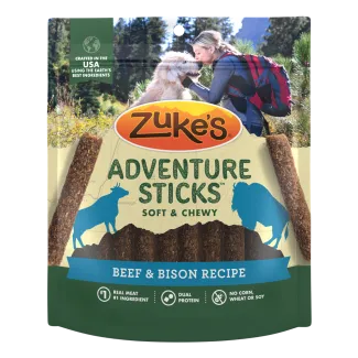 The front of one 6 ounce package of Zukes Adventure Sticks Beef and Bison dog treats