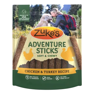 The front of one 6 ounce package of Zukes Adventure Sticks Chicken and Turkey dog treats
