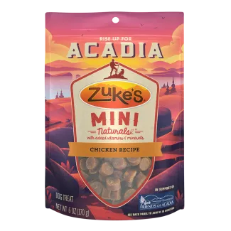 Zukes Mini Naturals Chicken Recipe dog treats with added vitamins and minerals, Acadia National Park special edition.