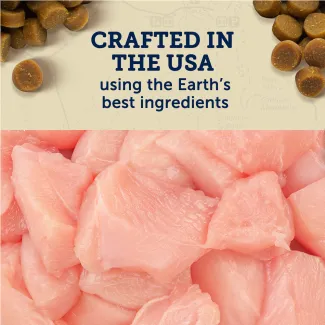 Close up of raw chicken with text, Zukes Mini Naturals dog treats are crafted in the USA using the Earths best ingredients.